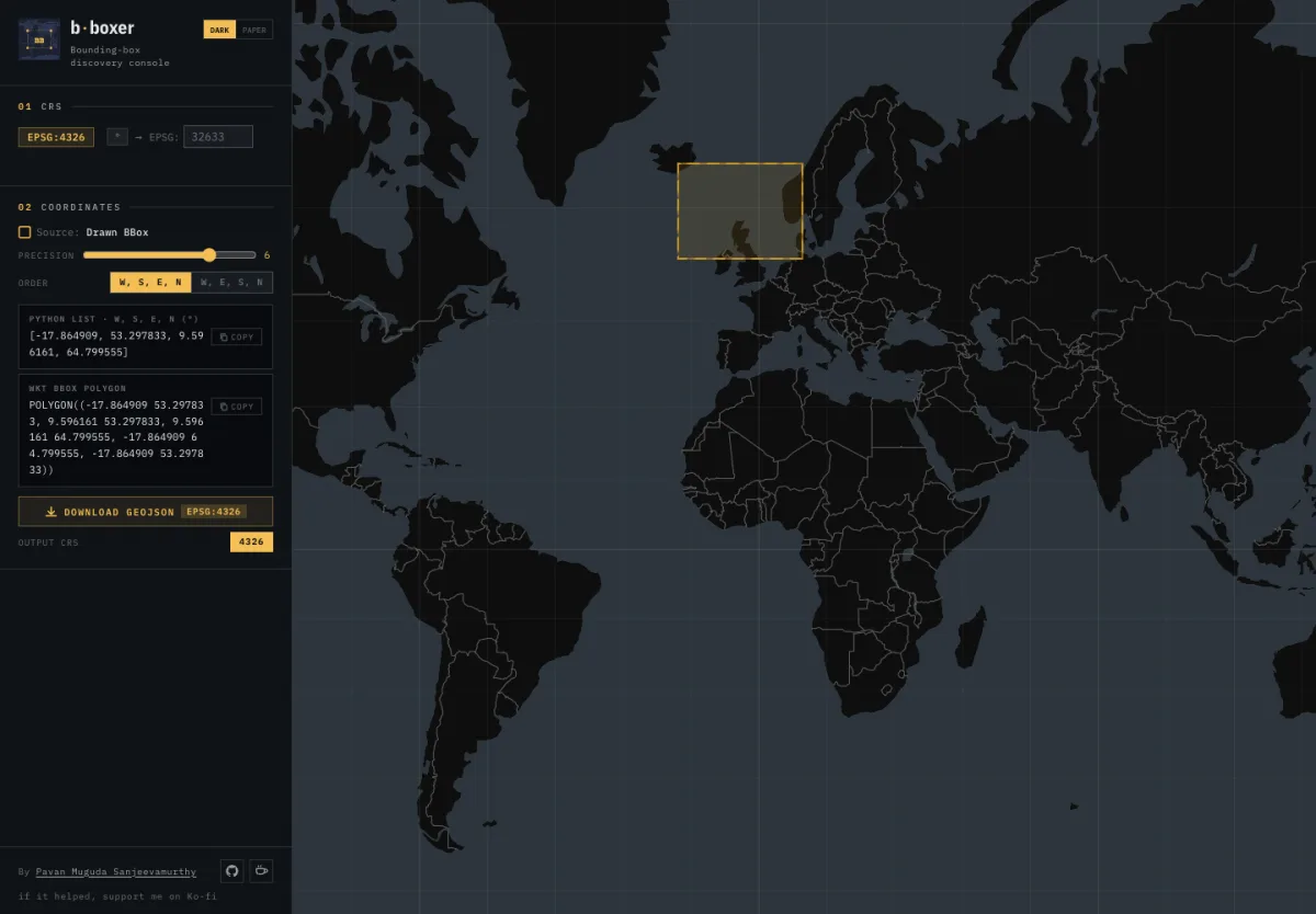 BBoxer console with a drawn bounding box and exported coordinates