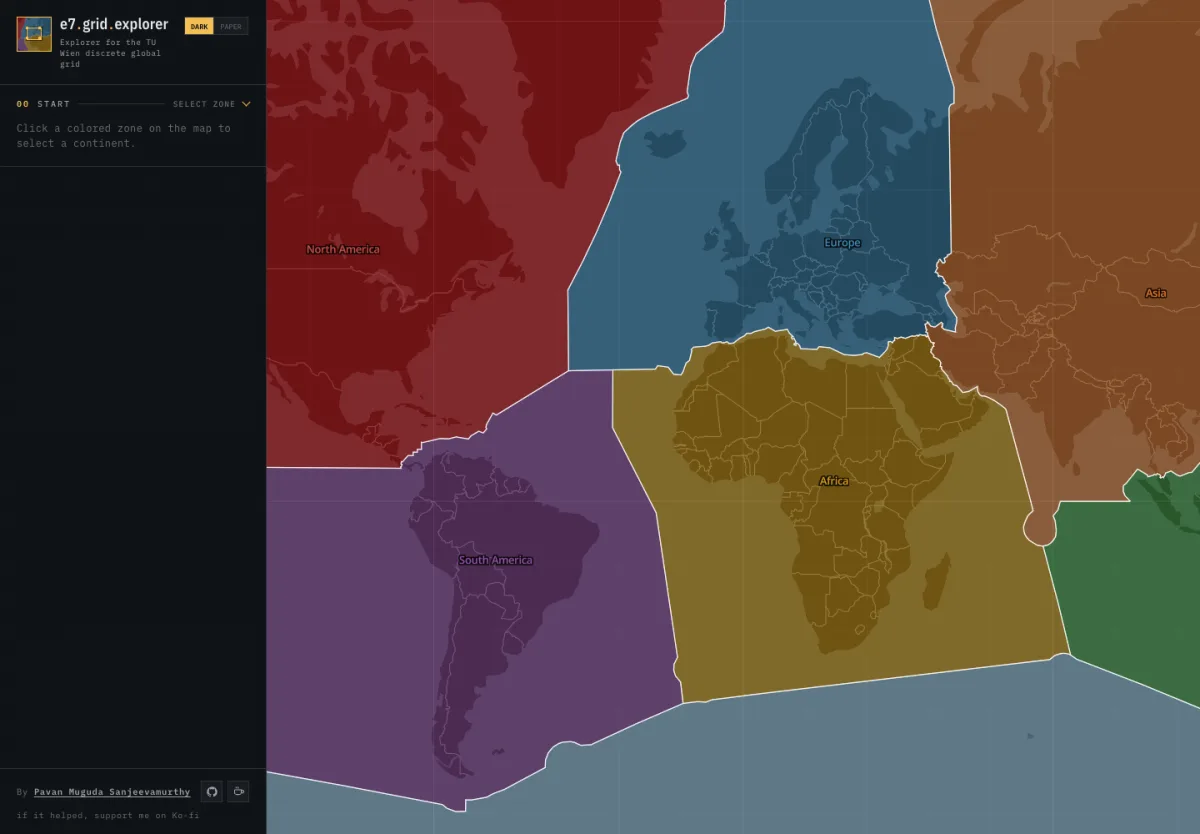 Equi7Grid Explorer console showing colored continental zones on a world map