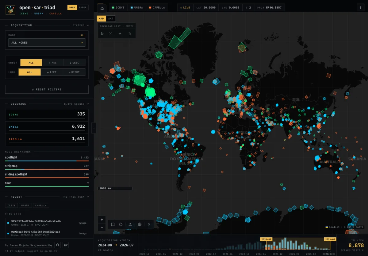 Open SAR Triad map with ICEYE, Umbra and Capella scene footprints